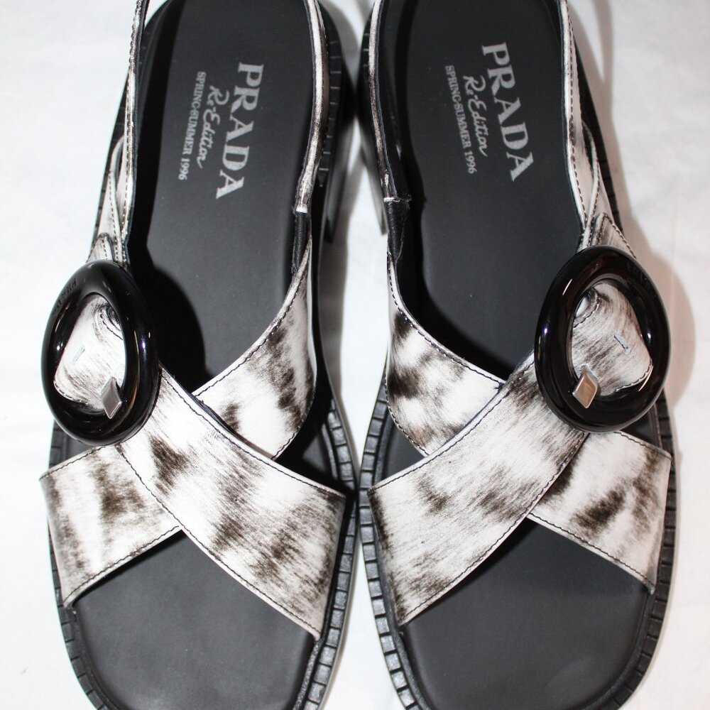 NWB PRADA Brushed Leather Slingback Buckle Black Print Sandals 39.5 - Picture 3 of 9